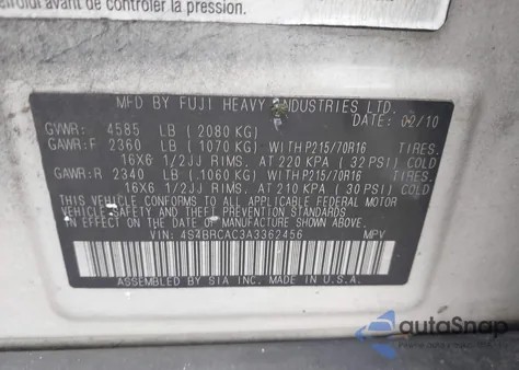 2010 Subaru Outback 2.5I z USA, uszkodzony, nr VIN 4S4BRCAC3A3362456